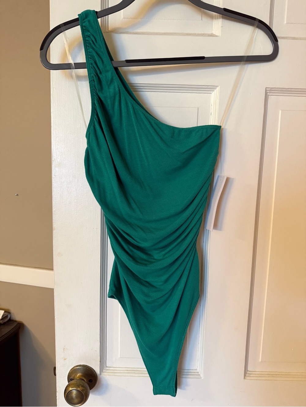 NWT! Women's One-Shoulder Ruched Emerald Green One-Piece Bodysuit